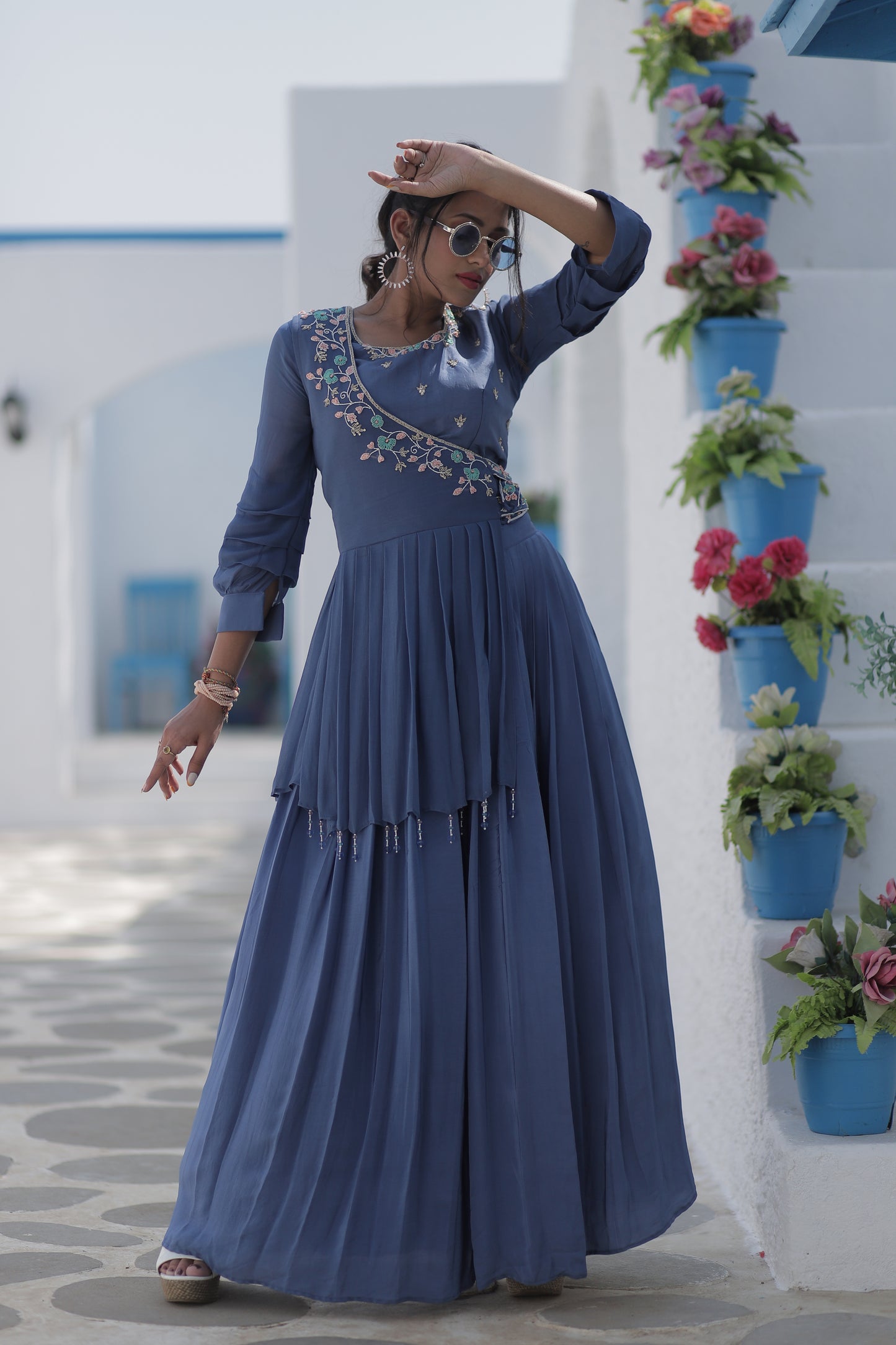 Pleated Angarakha Style Palazzo Set