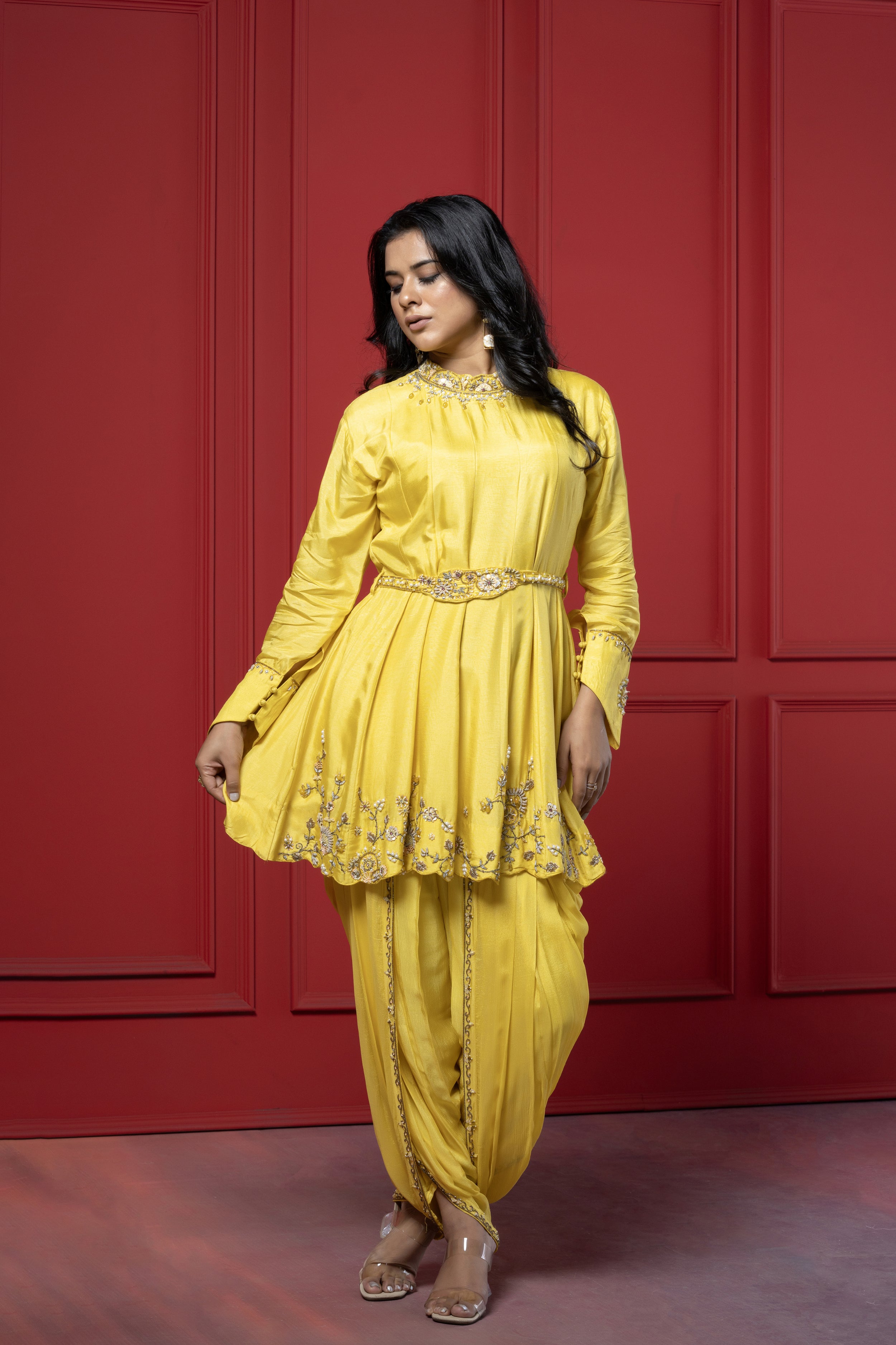 dhoti peplum dress Ivory Georgette Embroidered Peplum Dhoti Set Basanti Kapde aur Koffee