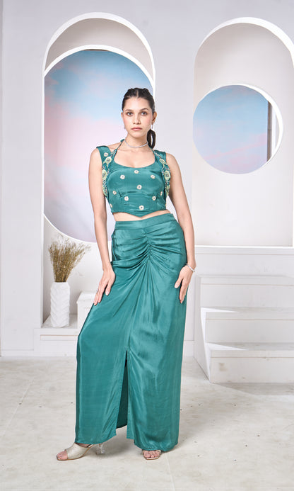 Emerald Embellished Co-ord Set (Ruched Skirt)