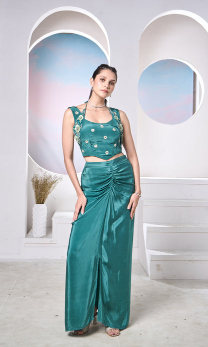 Emerald Embellished Co-ord Set (Ruched Skirt)